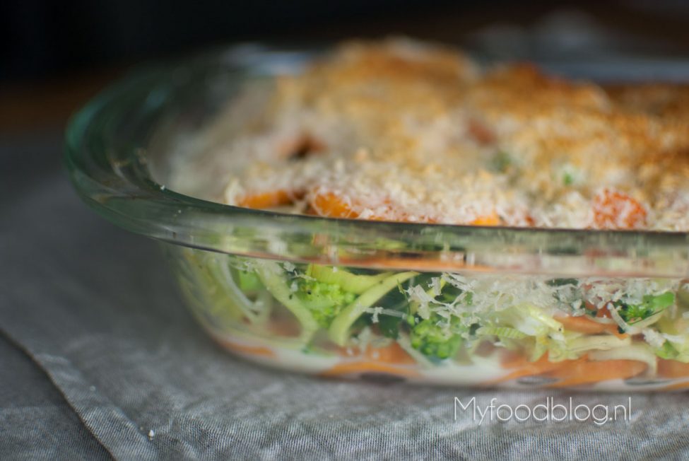 Zoete aardappel gratin met broccoli en prei