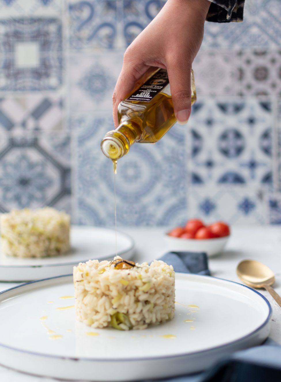 Vegan risotto met truffel en prei
