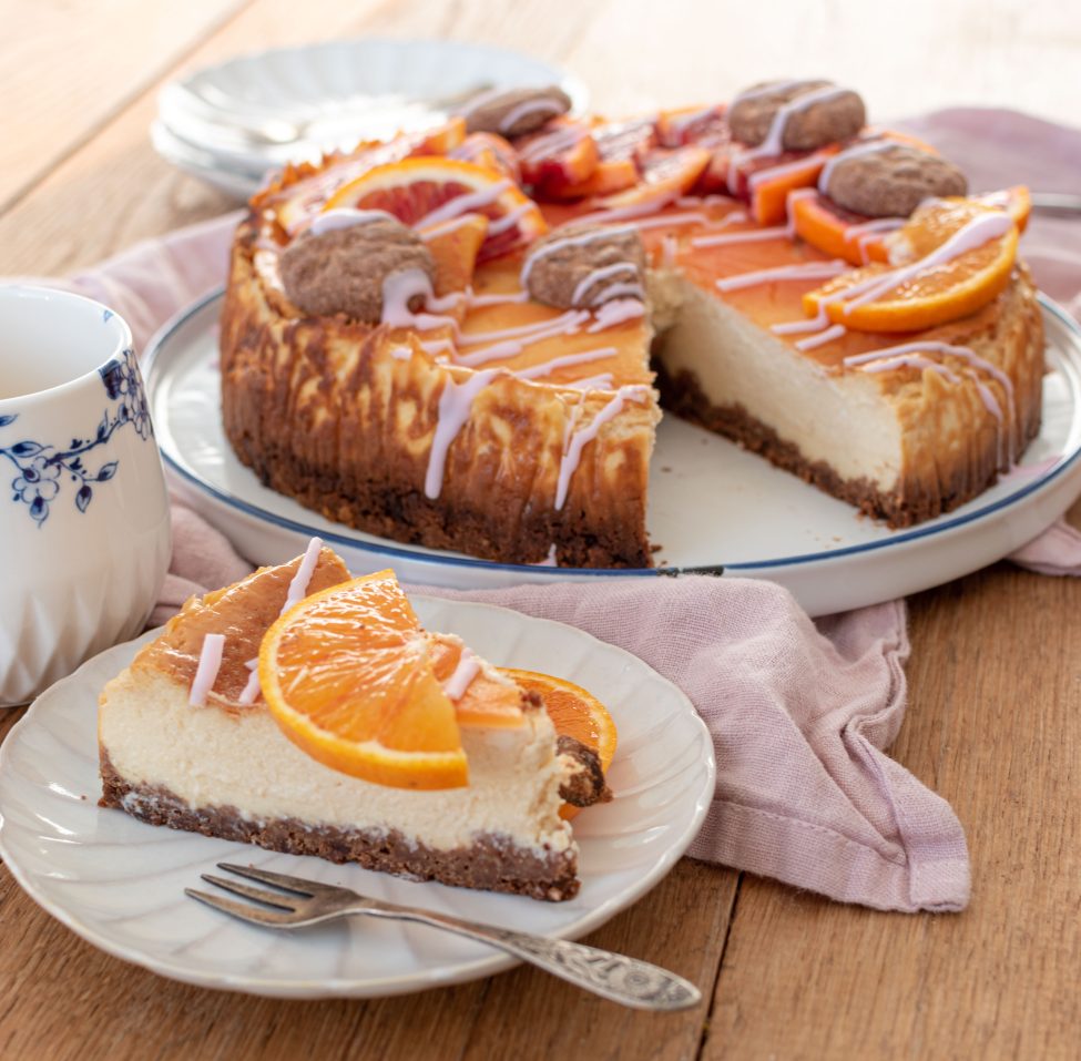 Glutenvrije bloedsinaasappel cheesecake met chocolate chip koekjes